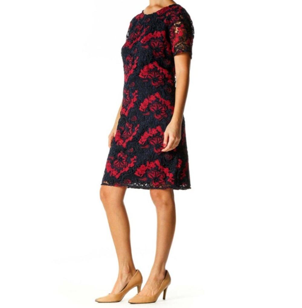 Banana Republic Navy Red Lace Overlay Floral Shift Dress Womens 6 Short Sleeve